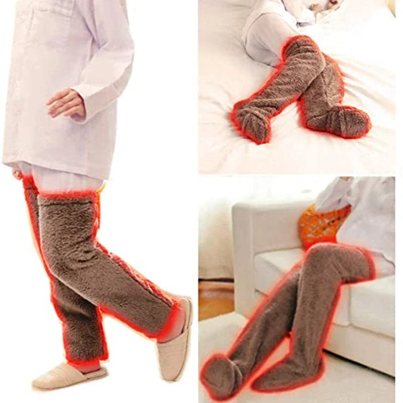 Cozy over-the-knee fuzzy socks in various colors, including brown, blue, dark gray, and pink purple