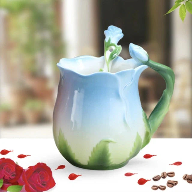 Hand-painted rose ceramic coffee mug with spoon, 320ml capacity