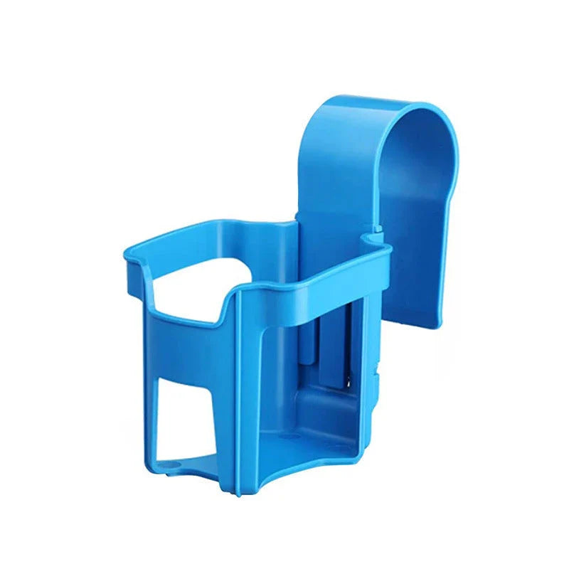 Poolside drink holder attached to the edge of a swimming pool, securely holding a variety of beverage containers.