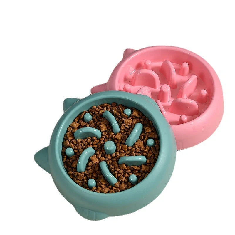 Pet slow feeder bowl in green, pink, or orange with anti-choking design