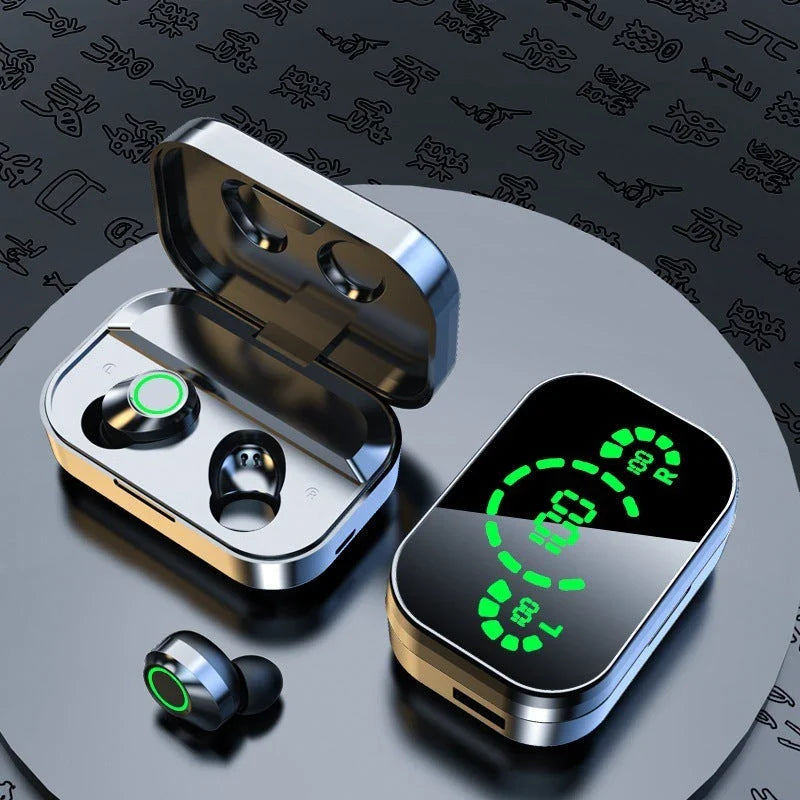 Wireless Bluetooth earbuds with digital display, showing different color and style options