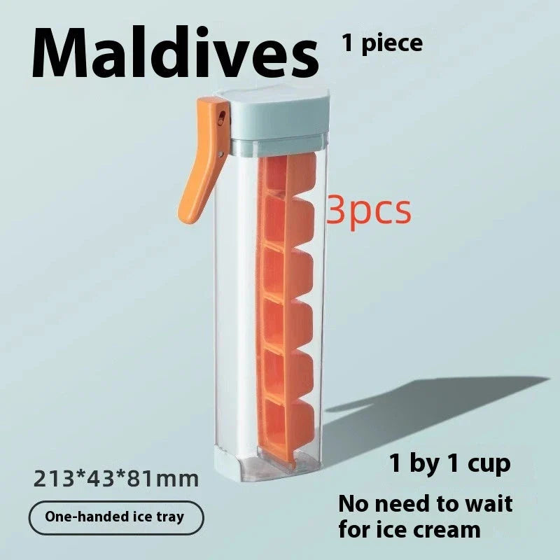 Premium ice cube trays in Maldives color and Pearl White, featuring one-touch release and food-grade materials for perfect homemade ice cubes