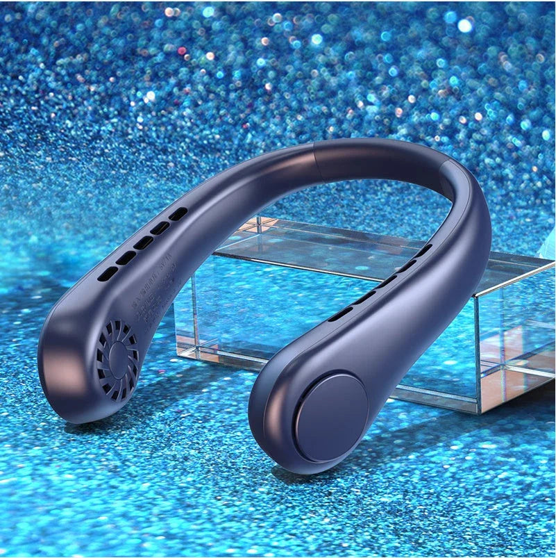 Portable bladeless neck fan with rechargeable air cooler for hands-free cooling in various colors and sizes