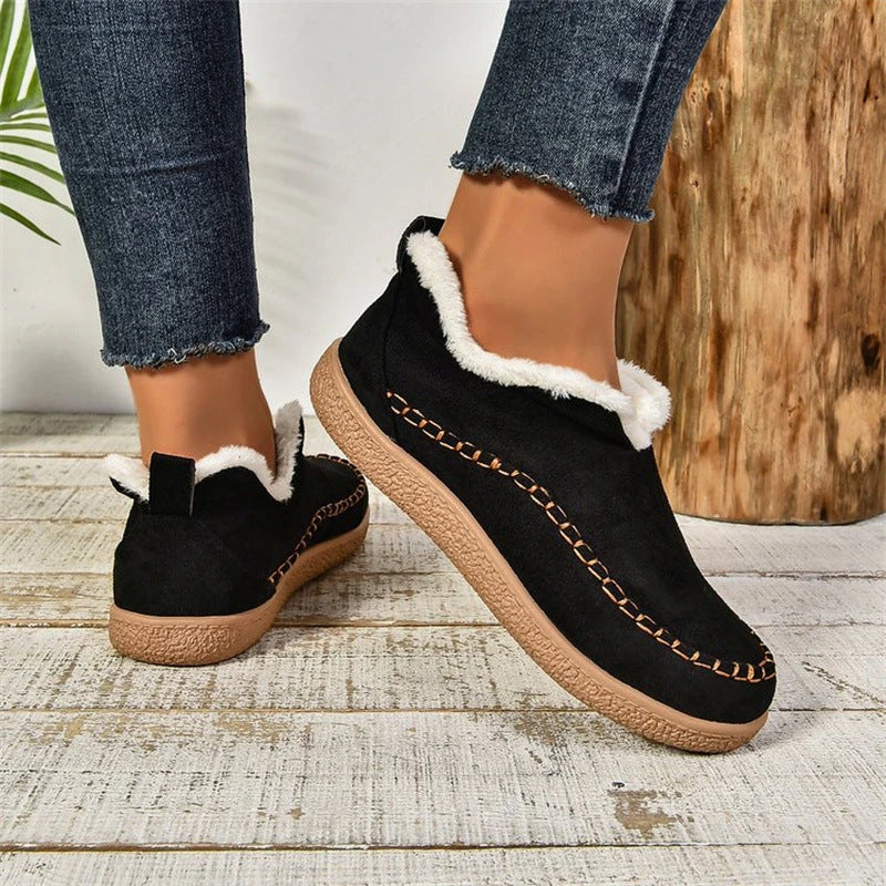 Stylish plush ankle boots with V-cut design, available in dark grey, black, light brown, and milky white colors