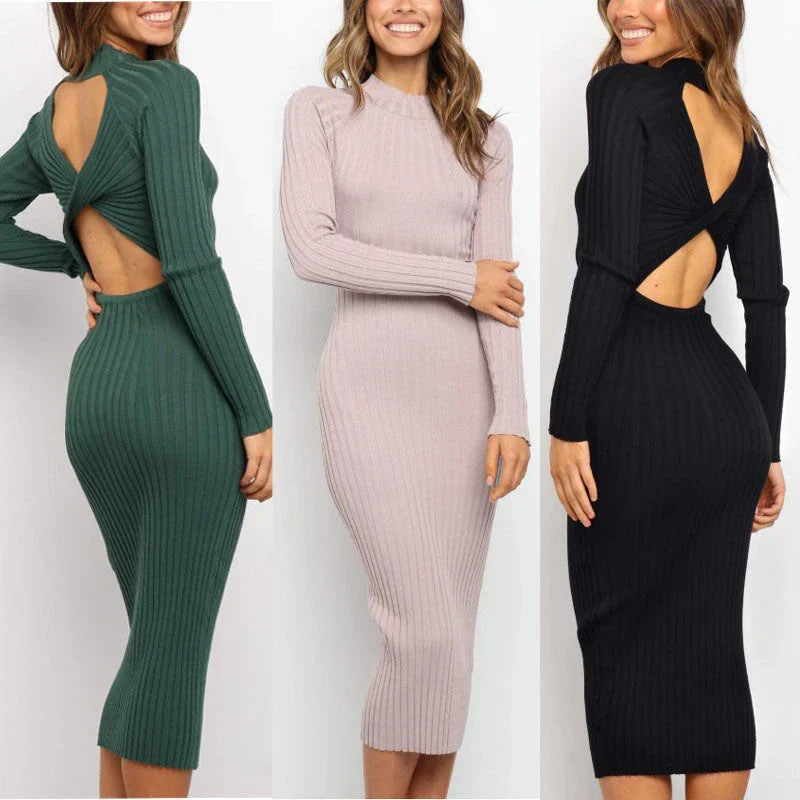 Stylish women's backless bow sweater dresses in solid colors, including green, black, and pink