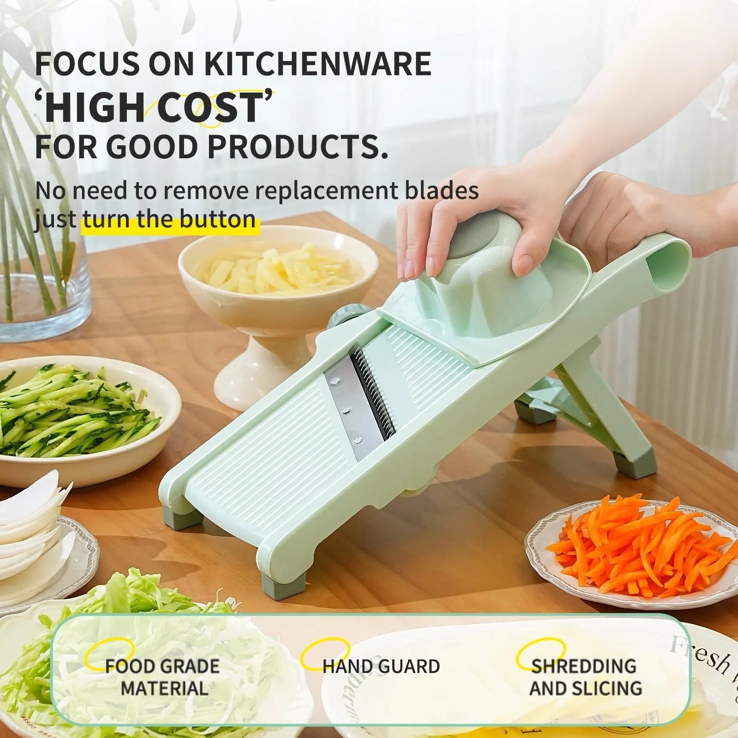 Versatile vegetable slicer with adjustable thickness, ideal for slicing, shredding, and julienning a variety of ingredients