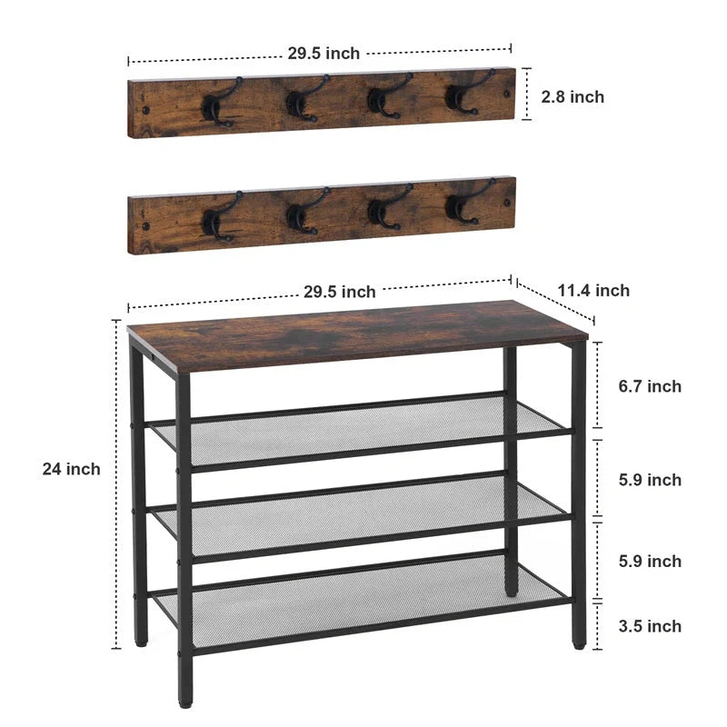 4-tier rustic wooden shoe rack with coat hook and grid design for hallway storage