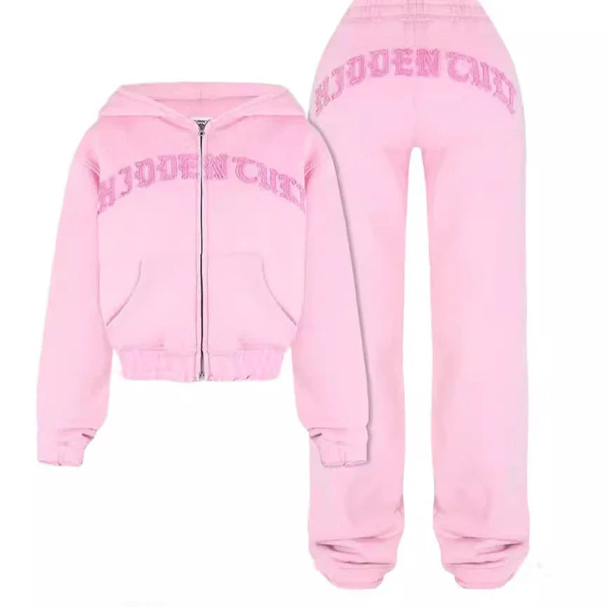Retro Zip-Up Sports Suit with Cropped Sweatshirt and Drawstring Pants in Black, Green, Wine Red, and Pink