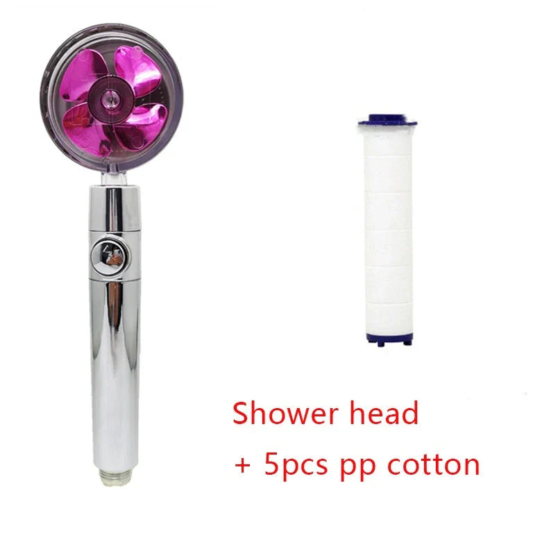 360-degree rotating high-pressure shower head with built-in fan and adjustable water spray