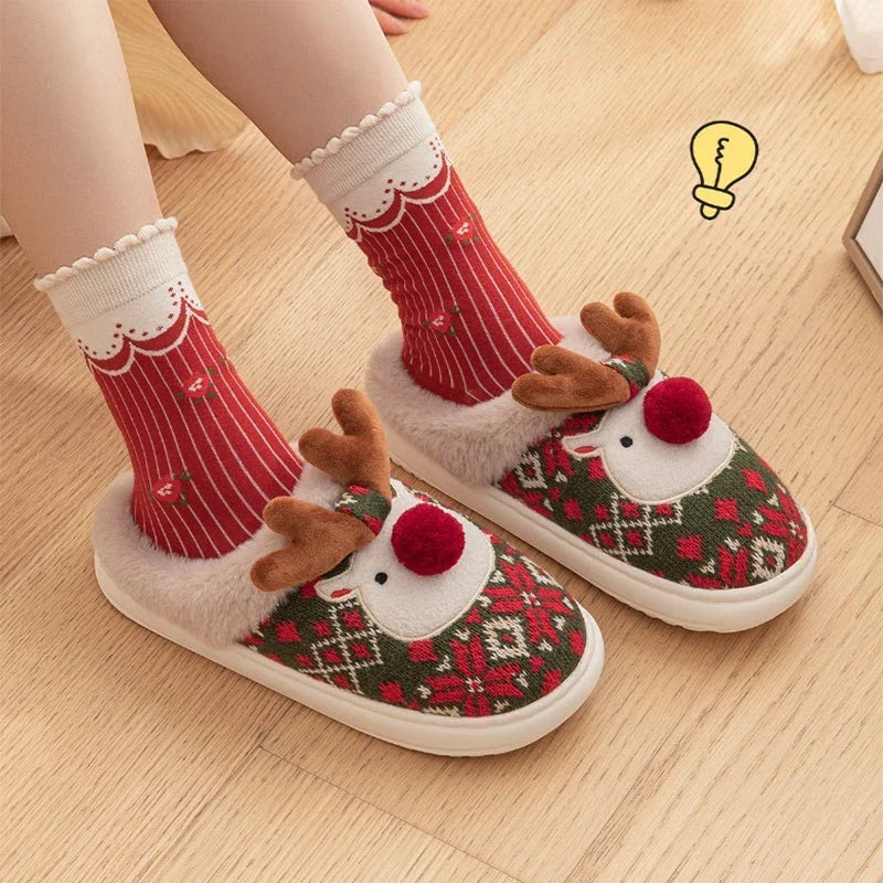 Cozy and festive plush elk-themed slippers in Christmas green and red colors