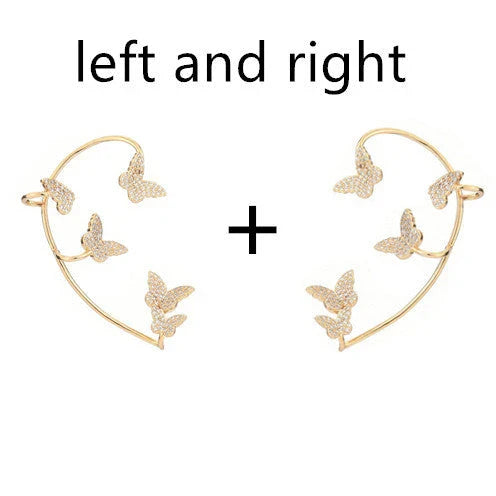 Sparkling butterfly-shaped ear cuffs with zirconia stones, available in gold and silver alloy finishes