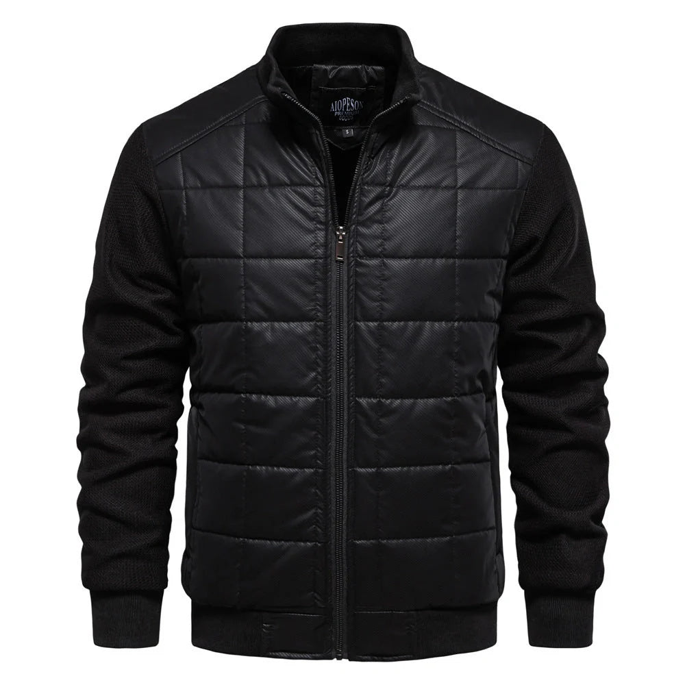 Stylish men's winter jacket with unique stitching design, stand collar, and variety of classic colours
