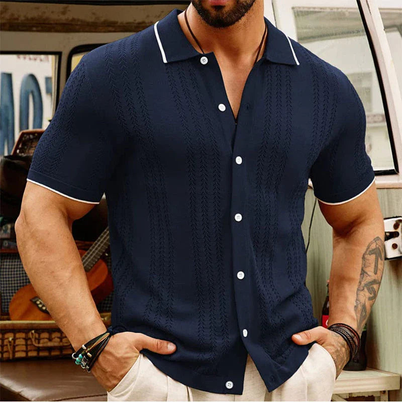 Stylish short-sleeved polo shirt with unique flocked design, available in a variety of rich colors for versatile summer style