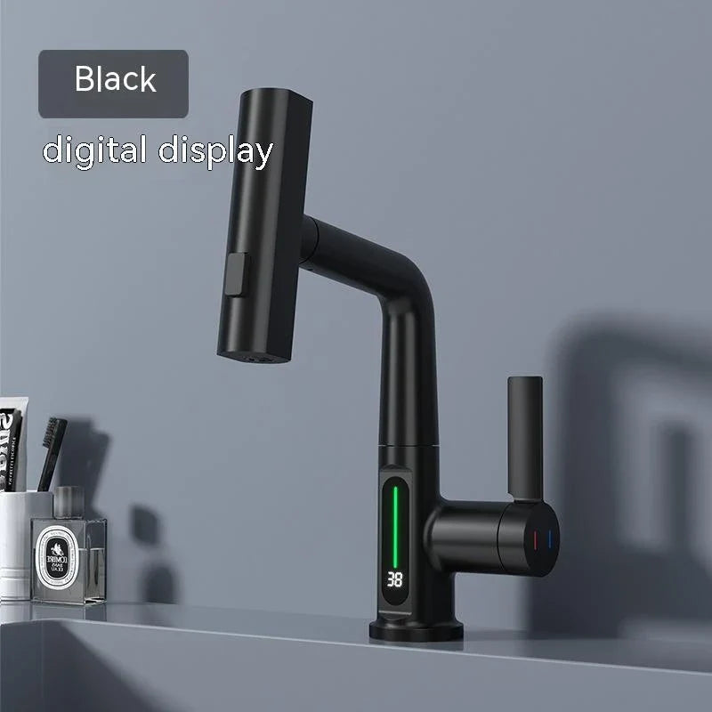 Versatile digital kitchen faucet with temperature display, 360-degree swivel, and pull-out design for enhanced maneuverability and precise water temperature control