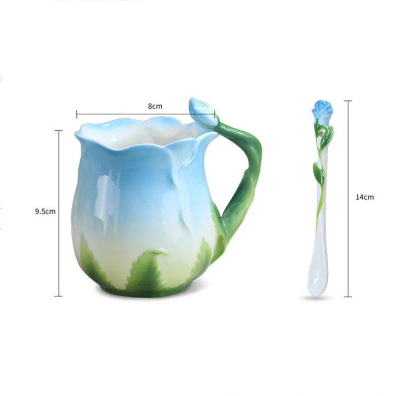 Hand-painted rose ceramic coffee mug with spoon, 320ml capacity