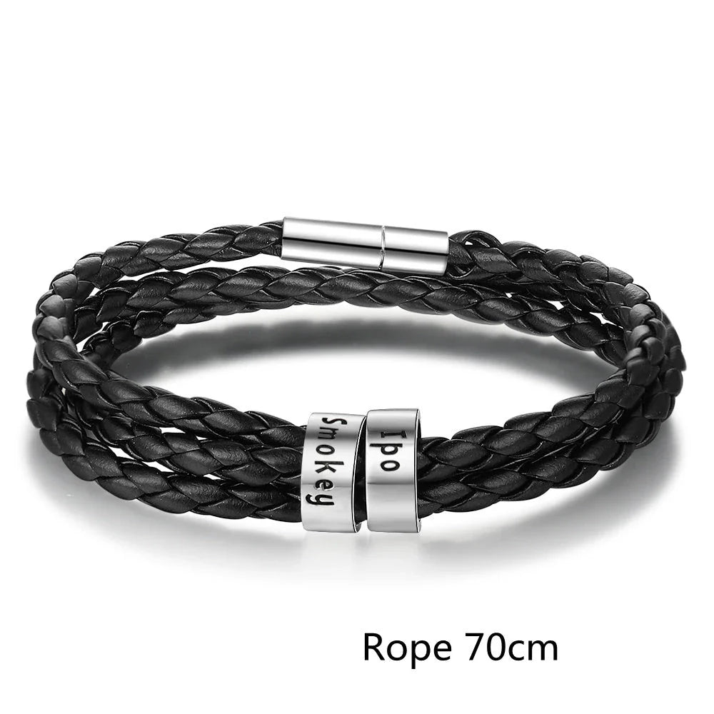 Personalized Leather Bracelet with Engraved Name Charm in Black and Brown Colors