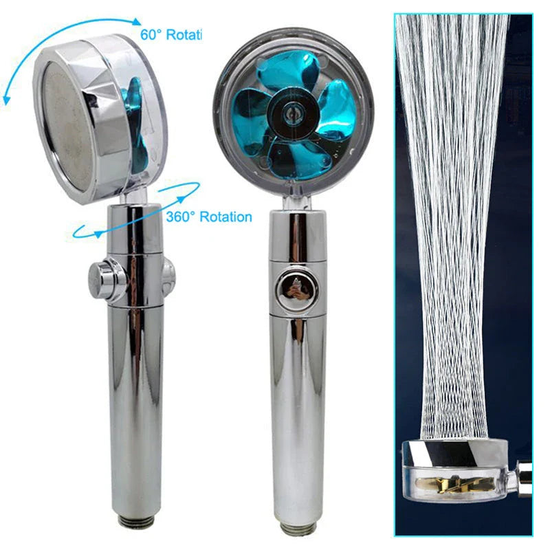 A high-pressure shower head with a stop button, cotton filter, and powerful water pressure for a luxurious bathing experience.