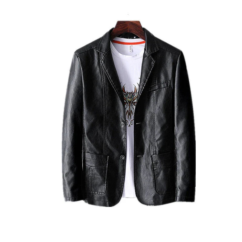A stylish leather jacket with a unique studded lapel design, perfect for autumn and winter wear.