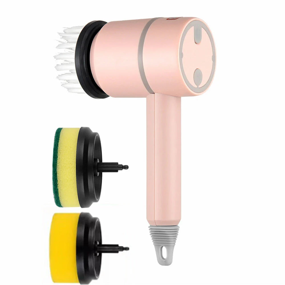Powerful automatic cordless cleaning brush with interchangeable brush heads for cleaning kitchen, bathroom, and other surfaces