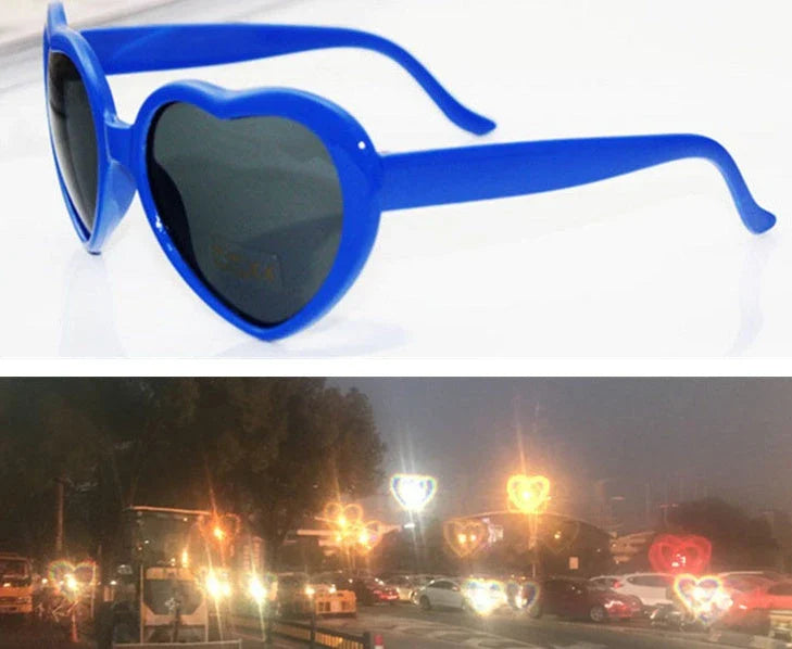 Stylish heart-shaped sunglasses with unique lens design that transforms light into enchanting special effects