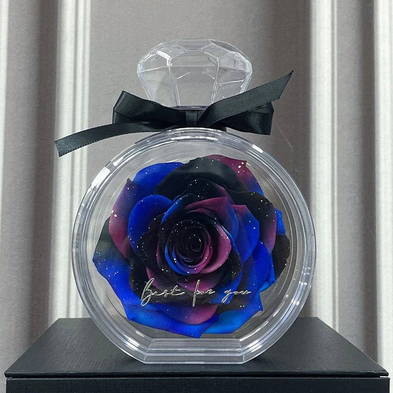Preserved Rose Flower Ornaments in various colors, including red, pink, plum, and sapphire blue, displayed in a stylish gift box.