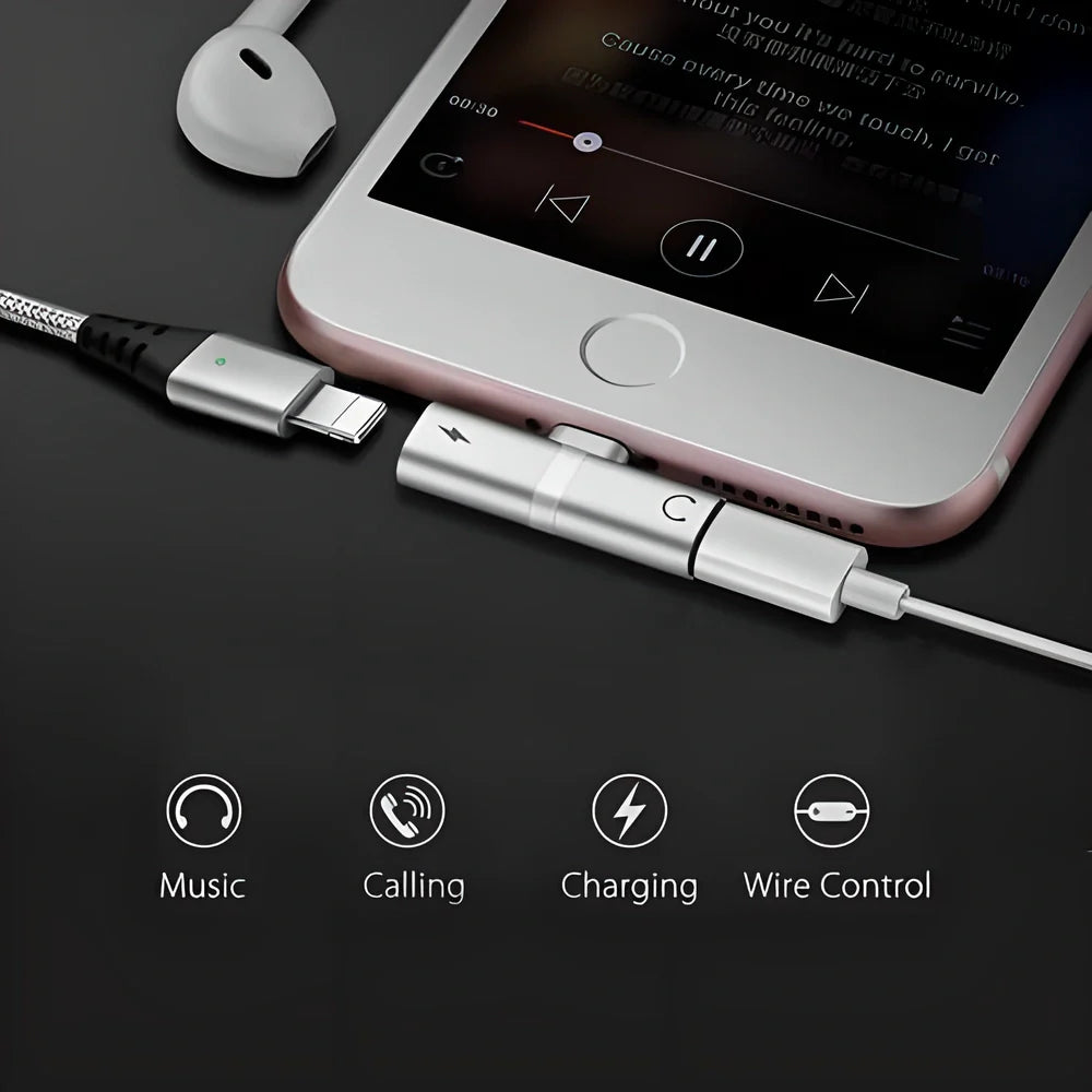 4-in-1 iPhone Lightning Adapter with multiple functions including music playback, charging, calling, and device control