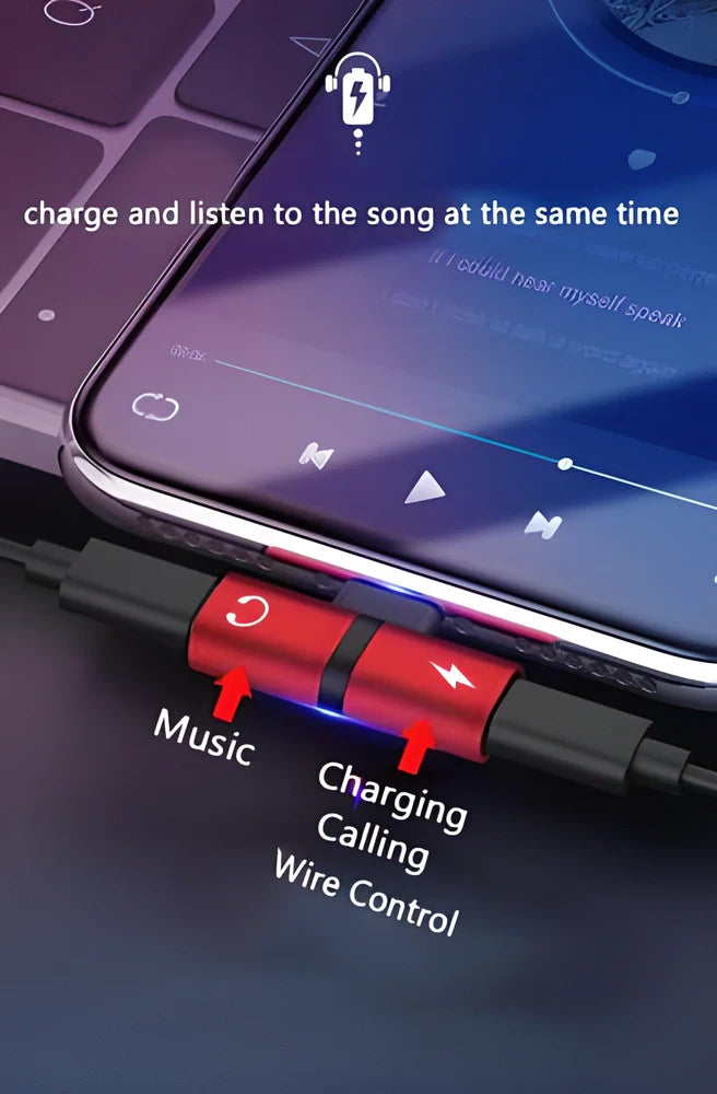 4-in-1 iPhone Lightning Adapter with multiple functions including music playback, charging, calling, and device control