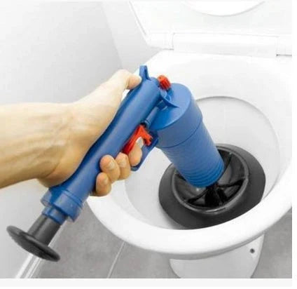Powerful Drain Blaster high-pressure air gun with four adaptable nozzle sizes for clearing clogged pipes, sinks, and drains