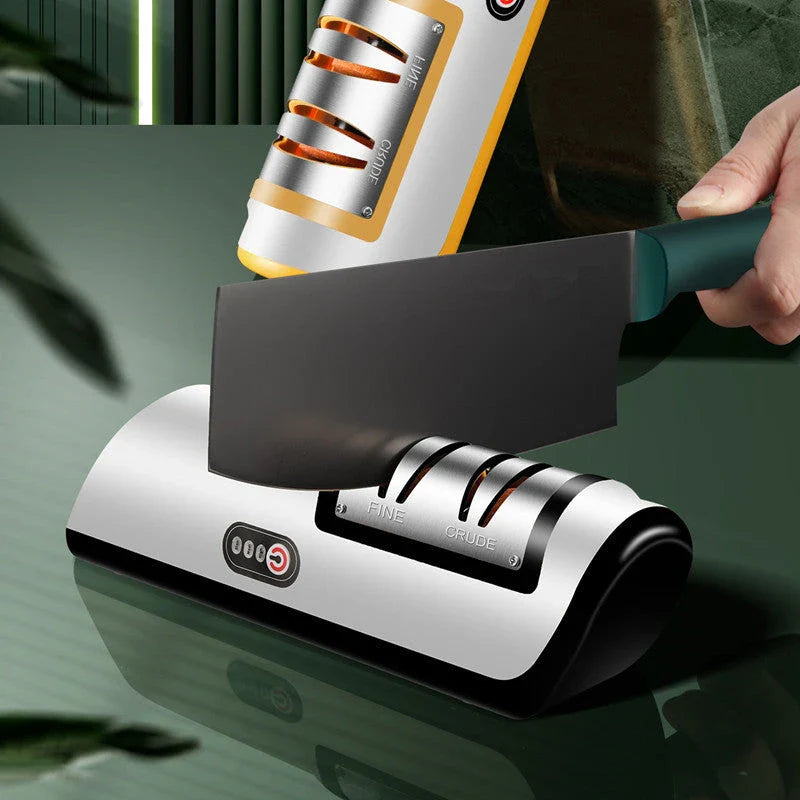 Premium electric knife sharpener with clear, soft-touch surface and precision grinding design for effortless blade sharpening