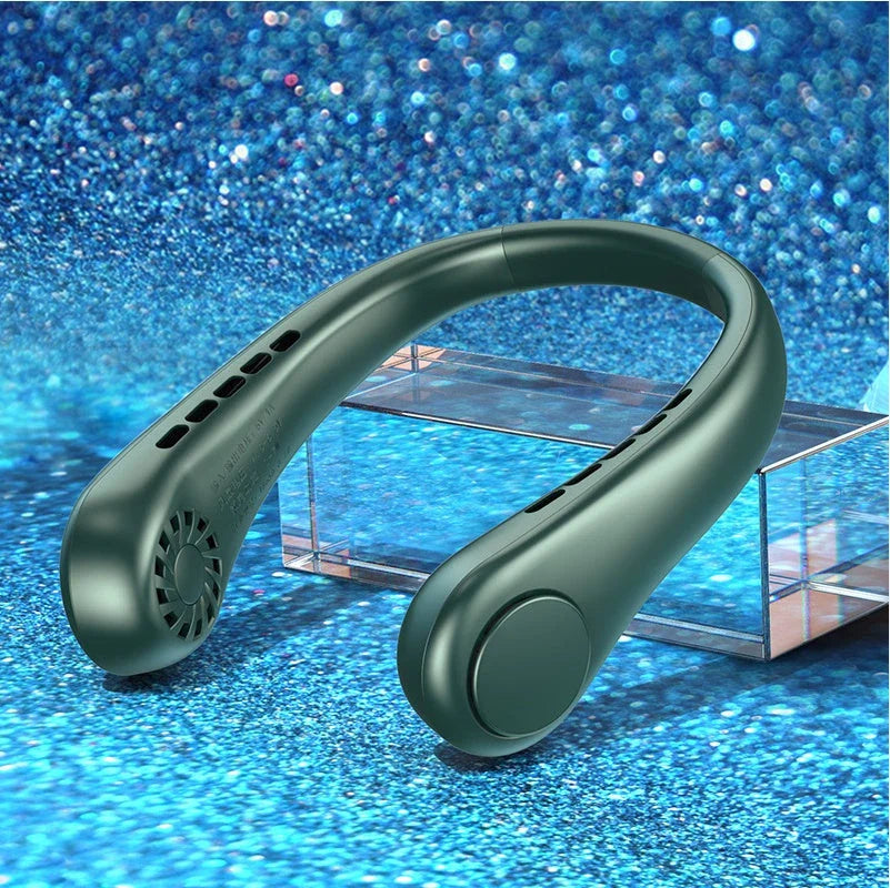 Portable bladeless neck fan with rechargeable air cooler for hands-free cooling in various colors and sizes