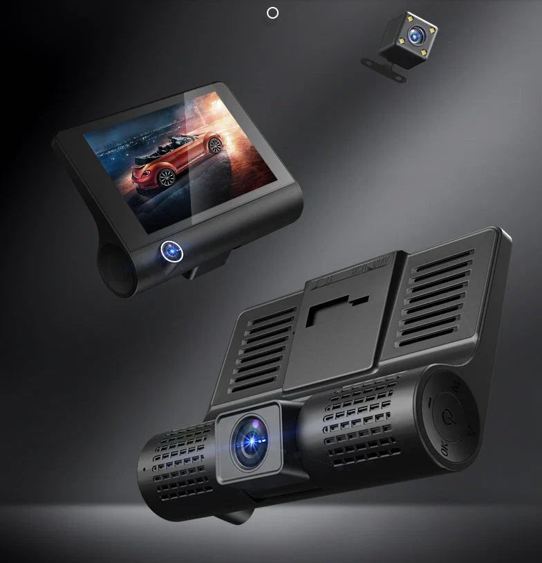 High-definition driving recorder with dual cameras, HDR and WDR support, and wide-angle lenses for comprehensive coverage