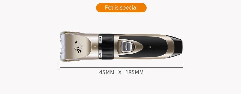 A precision dog hair trimmer with a quiet motor, featuring five speed settings, a titanium alloy fixed knife, and a long-lasting rechargeable battery for a stress-free grooming experience.