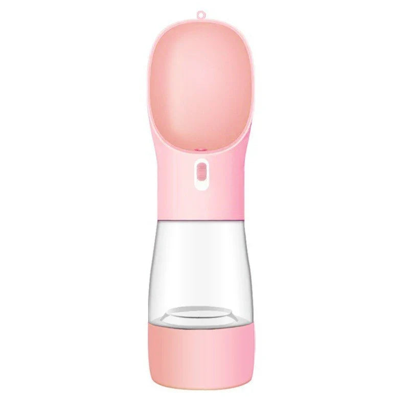 Portable pet water bottle and food bowl made of durable plastic, available in multiple colors for outdoor adventures with your furry friend.