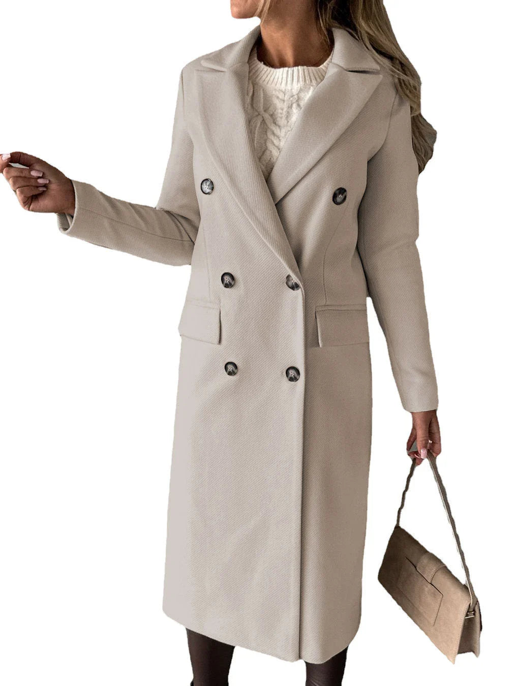 Women's long polyester winter coat in various colors including light grey, black, khaki, army green, and more