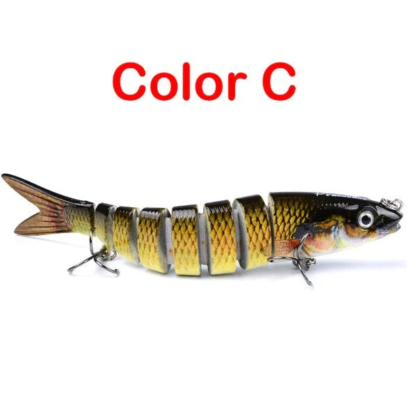 Multi-jointed pike fishing lure with light reflection and sound attraction features
