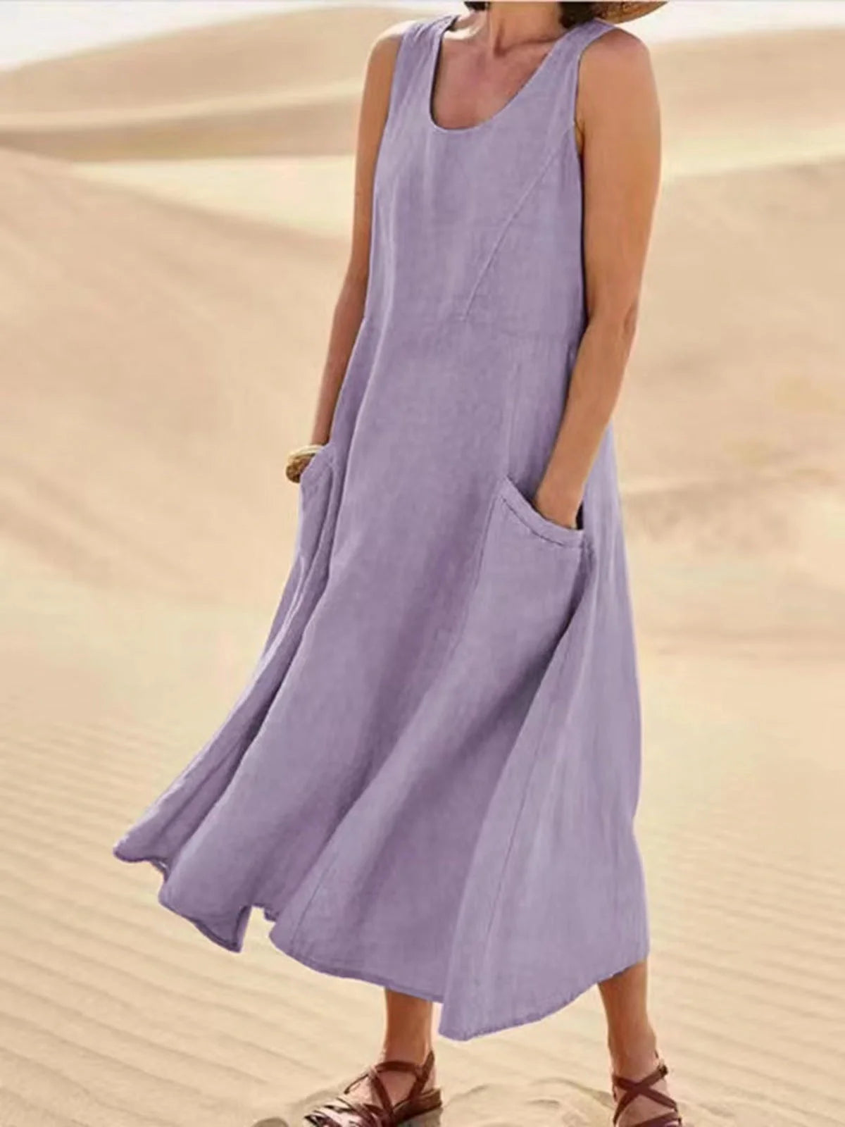 Stylish summer sleeveless long dress with pockets in various colours