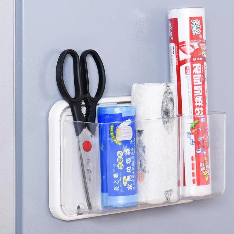 Versatile refrigerator organiser with multiple compartments for storing cling film, tissues, and other small kitchen items