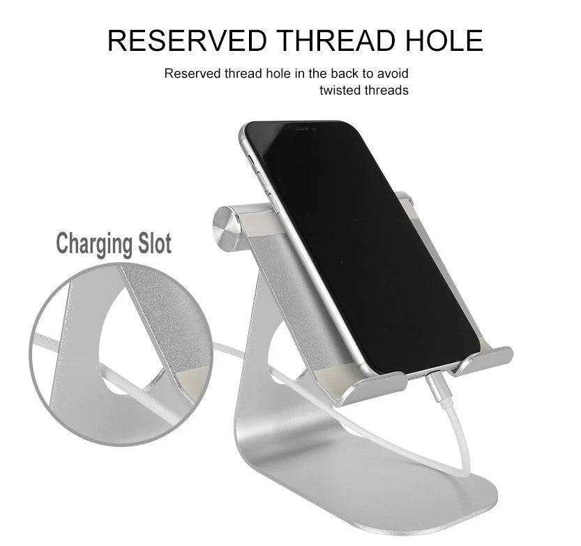 Adjustable tablet stand made of aluminium alloy with secure gripping hooks and soft protective cushions