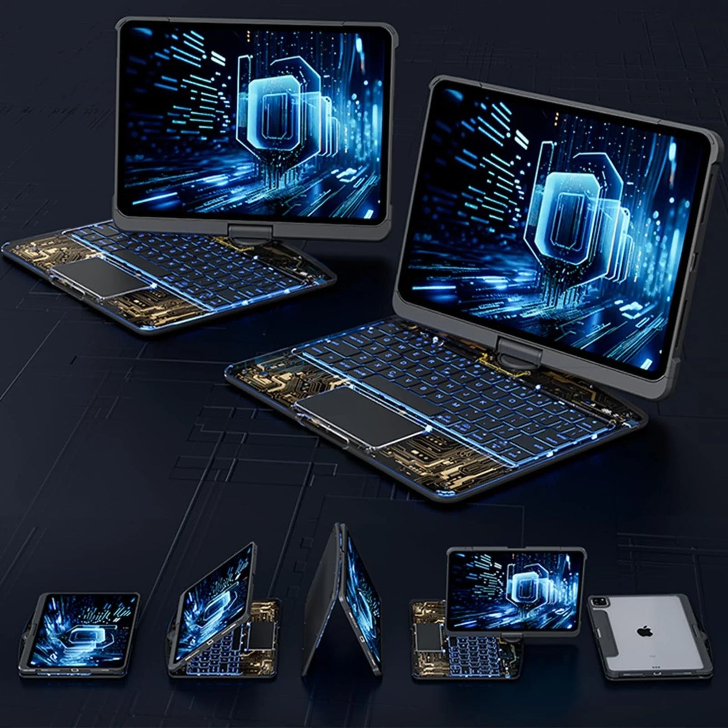 360-degree rotating keyboard case with transparent backplate and built-in Apple Pencil holder for iPad