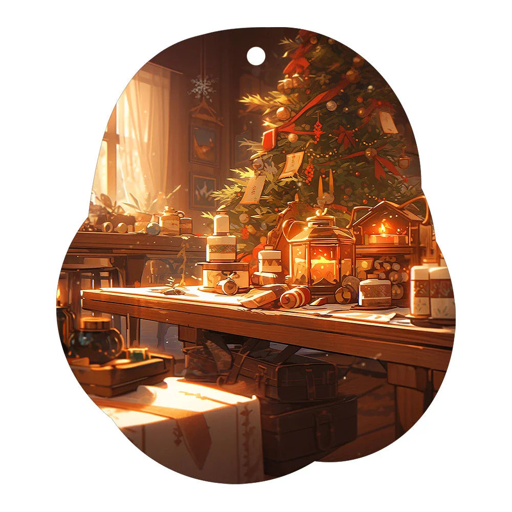 Festive car ornament hanging from rearview mirror with Christmas designs