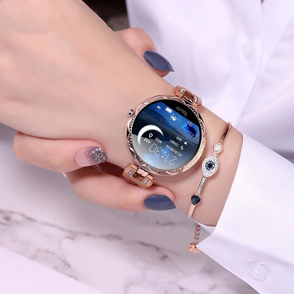 Stylish smartwatch with sleek design, high-definition colour display, and health monitoring features for fashionable British women
