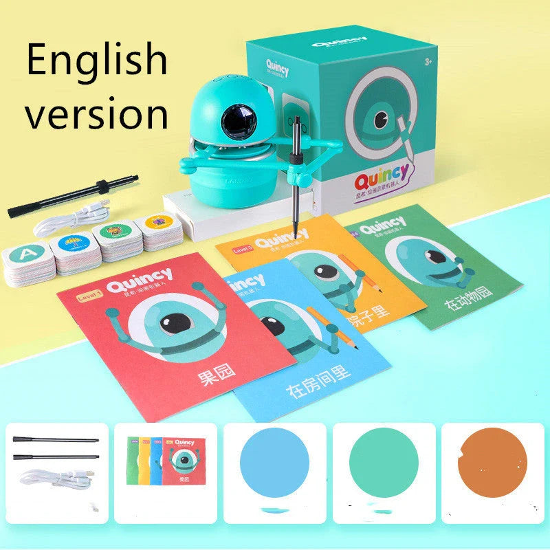 A drawing robot with a suction cup base, designed to guide children through the creative process of drawing and painting