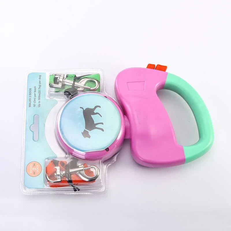 Premium retractable dual dog walking leash made of durable nylon material, offering hands-free control and adjustable length for dogs of all sizes.