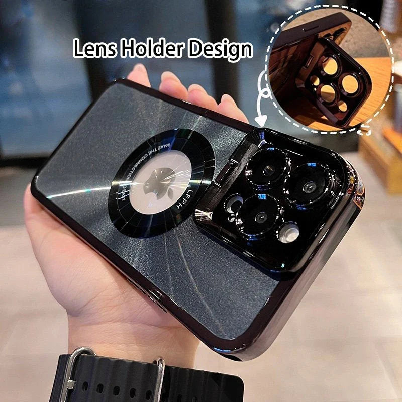 Sleek and stylish Magsafe phone case with invisible camera stand and CD pattern design