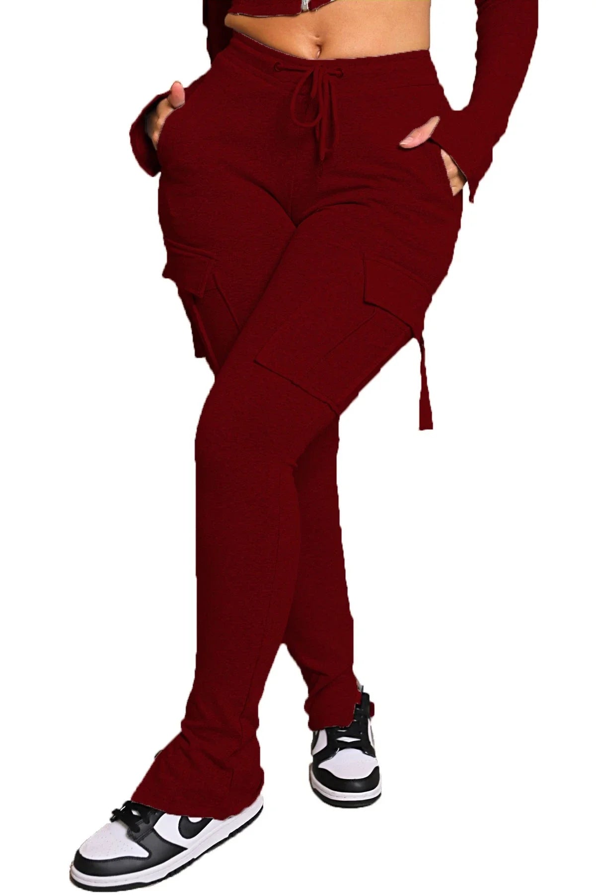 Versatile cargo trousers with pockets, high-waist design, and adjustable drawstring waistband for women