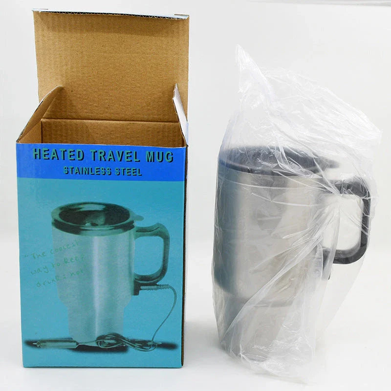 Portable stainless steel car kettle with 12V heating element and vacuum insulation for keeping drinks hot on the go