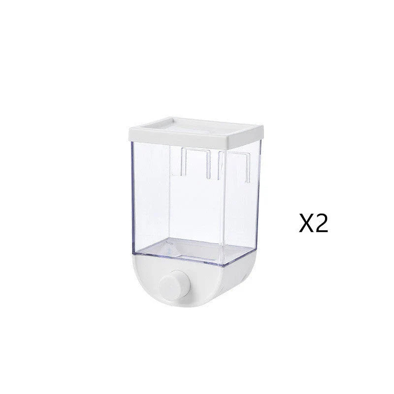 Convenient kitchen food storage container with transparent design, wall-mounted for space-saving storage of cereals, snacks, and other dry goods