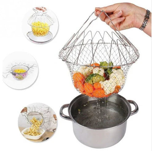 Premium stainless steel folding fryer with thermometer, perfect for frying french fries and other crispy dishes
