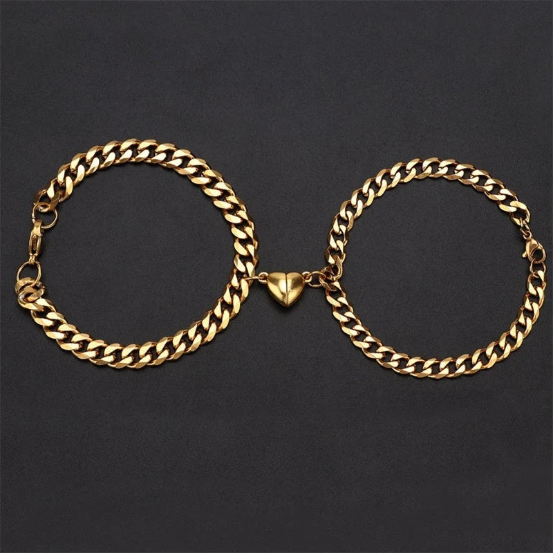 Elegant titanium steel couple bracelets with heart design, perfect for love gifts.