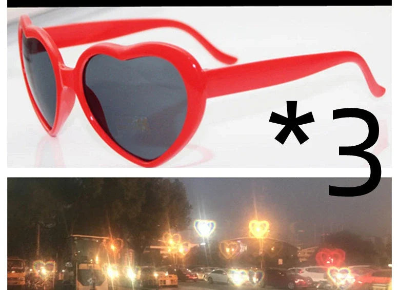 Stylish heart-shaped sunglasses with unique lens design that transforms light into enchanting special effects